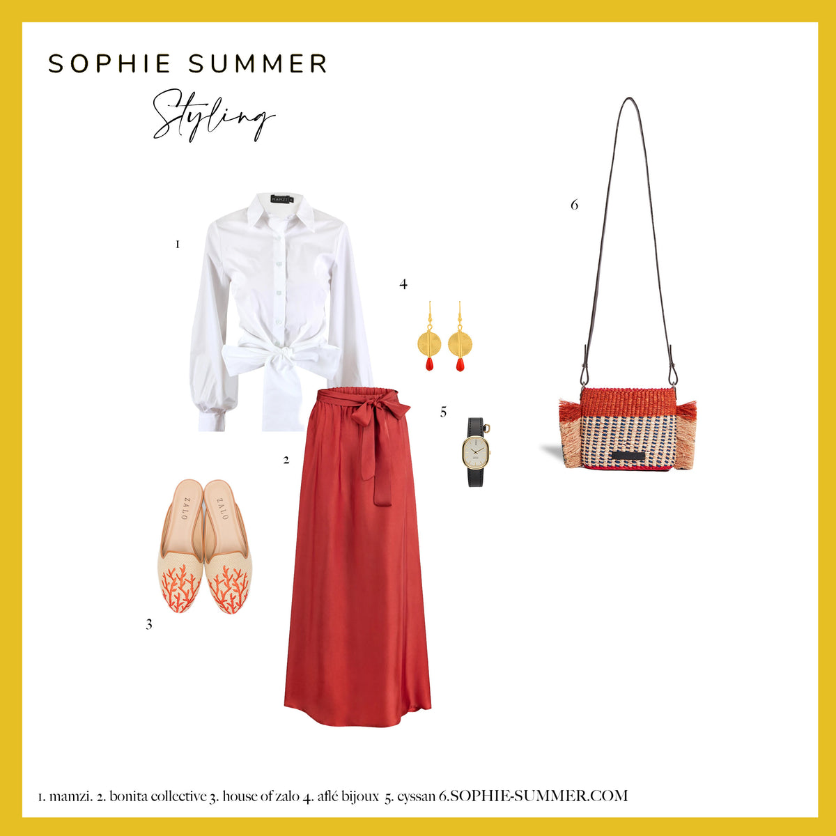 Styling board featuring the AAKS Hana Mini Tan crossbody bag